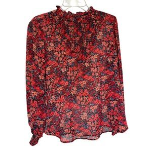 Alice Blue Floral Blouse Womens L Red Smocked Mock Neck Metallic Boho Chiffon
